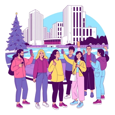 A group of diverse tourists stands in front of "Rockefeller Center," each participant holding a smartphone to capture memories. The group includes people of various ages and nationalities, wearing colorful clothing. In the background, the famous "Rockefeller Center" building is visible, showcasing its iconic architecture. A large ice skating rink can be seen in front of the building, with a tall evergreen tree adorned with lights nearby. The scene conveys a sense of excitement as the tourists smile and pose, creating a joyful atmosphere.