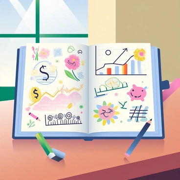 A sketchbook is open on a wooden table, displaying pages filled with various doodles. The pages feature a combination of economic symbols such as a dollar sign, a graph with an upward trend, and a piggy bank. These symbols are artistically intertwined with sketches of vibrant flowers, whimsical creatures, and abstract shapes. The doodles are drawn in black ink, while some areas are accented with soft, colorful pencil shading. A few colored pencils are scattered around the sketchbook, indicating recent use. Natural light streams in from a nearby window, casting gentle shadows across the pages.