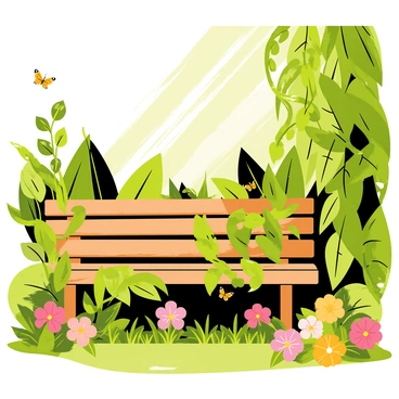 A hidden corner of a garden featuring a rustic wooden bench partially covered with green moss. The bench is surrounded by dense foliage, including large leafy plants, vibrant flowers in shades of pink and yellow, and creeping vines. Sunlight filters through the leaves, creating dappled light patterns on the ground. A few butterflies flutter around the flowers, adding a touch of color to the scene.
