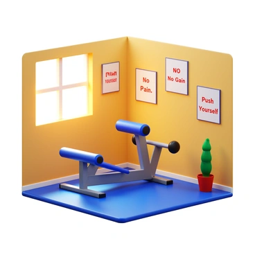 A cozy home gym corner featuring a leg extension machine with padded seats and adjustable weights. The space is illuminated by warm, natural light coming from a nearby window. Surrounding the gym equipment are several motivational posters hanging on the walls, with phrases like "No Pain, No Gain" and "Push Yourself" in bold letters. A small indoor plant sits in the corner, adding a touch of greenery to the environment. The floor is covered with a soft exercise mat, creating a comfortable workout area.