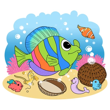 A colorful rainbow fish with vibrant scales in shades of blue, green, and pink is at the center of an underwater concert. The fish has large, expressive eyes and fins that sparkle in the light. Surrounding the fish are various sea creatures, such as playful clownfish and curious seahorses, all gathered to enjoy the music. The rainbow fish holds a shell instrument, resembling a trumpet, with its fins. There are other shell instruments scattered around, including a conch shell and a large sea urchin used as a drum. Bubbles rise from the instruments, creating a lively atmosphere. The background features coral reefs and bubbles floating through the water.