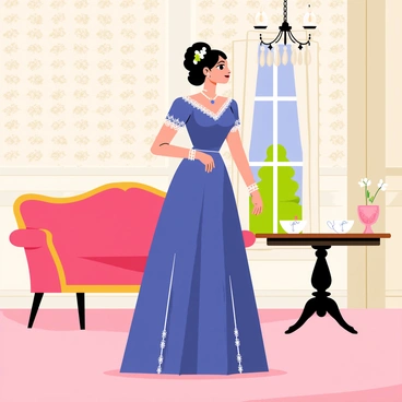 A Victorian lady character stands elegantly in a 19th-century parlor. She wears a lavish dress made of deep blue silk with intricate lace detailing at the sleeves and hem. Her hair is styled in an elaborate updo, adorned with small white flowers. The parlor features ornate wallpaper in floral patterns, and a plush red velvet sofa is positioned against a wall. A round wooden table holds a delicate porcelain tea set, while a crystal chandelier hangs from the ceiling, casting soft light throughout the room. A large window draped with heavy curtains allows glimpses of a well-maintained garden outside.