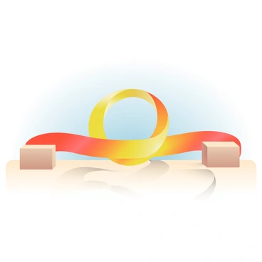 A stretched elastic band is positioned in the center of the image, showcasing its vibrant color, either bright yellow or deep red. The band is taut, with visible tension lines indicating the potential energy building within it. The ends of the band are anchored to two small wooden blocks, which are placed on a light wooden table surface. The background features a soft gradient transitioning from pale blue at the top to soft white at the bottom, enhancing the focus on the elastic band. Small, subtle details like slight reflections on the table and the texture of the band itself are visible, emphasizing the moment right before it snaps.