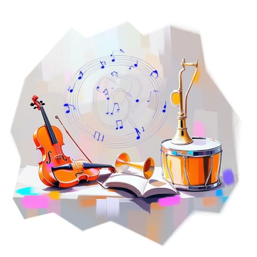 An illustration featuring musical notes intricately forming the "Virgo" symbol. The notes are arranged in a flowing manner, creating the shape of the constellation. Surrounding the Virgo symbol are various musical instruments, including a violin, a trumpet, and a drum, all artistically positioned to emphasize the theme of music. The instruments have distinct details, such as the violin's strings and the drum's surface. The overall composition is vibrant and harmonious, with the notes and instruments blending seamlessly together.