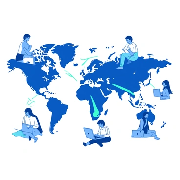 A blue world map is displayed prominently in the center, with various diverse people depicted around it, representing different cultures and ethnicities. Each person is interacting with digital devices such as laptops and smartphones, showcasing virtual connections. Bright lines in teal connect the individuals to the map, symbolizing their digital interactions across different regions. The backgrounds of each person reflect their unique cultural elements, enhancing the theme of global population interactions.