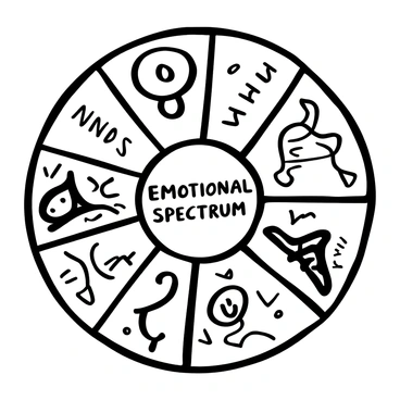 A circular wheel divided into several sections, each representing a different emotion labeled with words such as "Joy," "Sadness," "Anger," and "Surprise." Each section features a distinct pattern, with abstract shapes and lines radiating outward. The center of the wheel contains the phrase "Emotional Spectrum" prominently displayed. The overall design is intricate, with a mixture of geometric and organic forms intertwining throughout the wheel.
