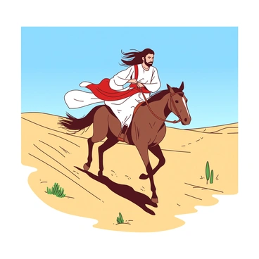 A skilled Persian horseman is riding a majestic bay horse at full gallop across a vast desert landscape. The horseman wears traditional attire, featuring a flowing white tunic and a striking red sash around the waist. He holds onto the reins firmly, with his long black hair flowing in the wind. The sun casts shadows on the golden sands of the desert, where small dunes form ripples in the foreground. In the distance, a few sparse patches of green vegetation can be seen, contrasting with the arid surroundings. A clear blue sky stretches above, highlighting the intensity of the race.