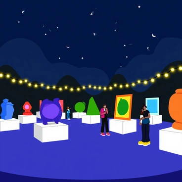 An outdoor gallery at night with a dark blue sky filled with scattered stars. The space is adorned with strings of warm white lights that create a cozy atmosphere. Various glowing art pieces are displayed on white pedestals, each piece radiating vibrant colors such as blue, green, and orange. The art pieces include abstract sculptures and illuminated paintings, drawing the visitors' attention. Soft shadows are cast on the ground, adding depth to the scene. A few guests can be seen admiring the artwork, creating a lively yet intimate environment.