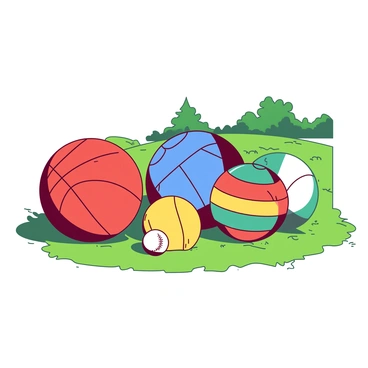 A red soccer ball, a blue basketball, a yellow tennis ball, an orange volleyball, a teal baseball, and a white golf ball are placed in a circular arrangement on a green grassy field. The grass is lush and well-maintained, with sunlight casting soft shadows beneath each ball. Each ball is distinct in design, showcasing its unique patterns and textures, adding variety to the scene. The background features a slightly blurred view of a tree line, enhancing the focus on the collection of sports balls.