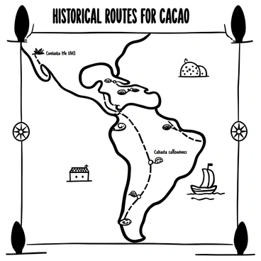 An illustrated map showcasing various historical trade routes for cacao. The map features winding lines indicating routes, with detailed icons representing cacao beans, trading ships, and ancient cities. Each trade route is marked with small labels indicating significant destinations, and there are illustrations of cacao trees along the borders of the map. Decorative compass roses are located in the corners, and the title "Historical Trade Routes for Cacao" is prominently displayed at the top.