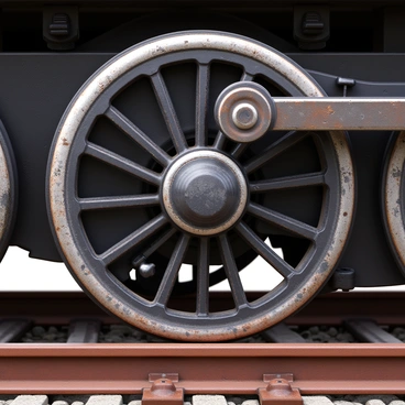 A close-up view of vintage train wheels showcasing intricate details. The metal wheels exhibit a weathered texture with visible rust patches. The spokes are elaborately designed, featuring ornate patterns and mechanical components. The surface reflects light with a metallic sheen, emphasizing the craftsmanship. Surrounding elements include faded paint and remnants of the railway track, contributing to the historical context. The background is softly blurred to focus on the complexity of the wheel's design.