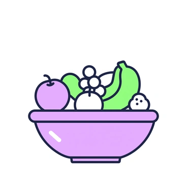 A bowl filled with an assortment of fruit sits on a table. The bowl is round and appears to be made of ceramic. Inside the bowl, there are several pieces of fruit, including "an apple", "a banana", "a bunch of grapes", and "an orange". The apple is round and shiny, the banana is curved, the grapes are clustered and round, and the orange is textured and spherical. The background features a plain surface, emphasizing the bowl and its contents.