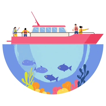 A sea safari boat with a bright red hull is floating on clear blue water. A group of diverse people are standing at the edge of the boat, wearing colorful life jackets. They are pointing and leaning over the railing, observing the vibrant blue fish swimming gracefully around a coral reef beneath the water's surface. The coral reef is rich in colors, featuring shades of orange and yellow, with various shapes and sizes of coral formations. Sunlight filters through the water, illuminating the scene and creating sparkling reflections.