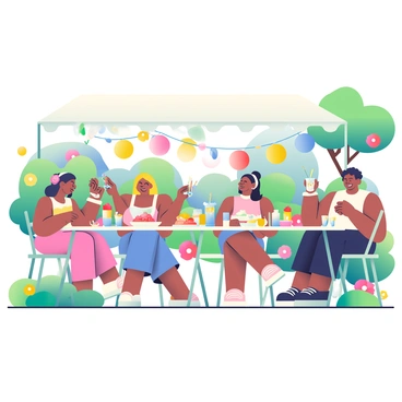 A cheerful bridal shower is taking place in a lush garden filled with vibrant flowers. Colorful decorations, including balloons and streamers, are hanging from trees and a large, white canopy provides shade. A long table is set with an array of refreshments, including cupcakes, fruit platters, and sparkling drinks in glass jars with colorful straws. Several guests, both women and men, are seated around the table, smiling and chatting. Some guests are holding plates, while others are raising glasses to toast. Greenery and blooming flowers surround the scene, adding to the festive atmosphere.