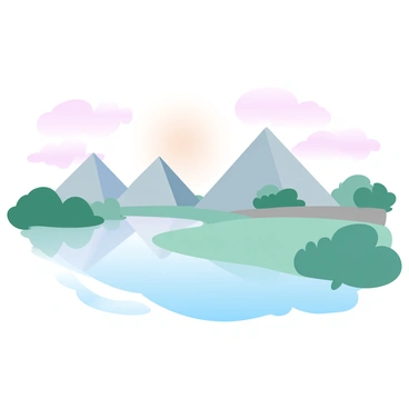 The Great Pyramids of Giza are standing tall against the backdrop of a soft morning sky. The pyramids are casting long shadows on the ground, highlighting their massive stone structures. The tranquil waters of the Nile are gently reflecting the pyramids, creating a mirror image on the surface of the water. The scene is bathed in gradient pastel colors, with shades of pink, orange, and blue blending seamlessly in the early dawn light. Lush greenery lines the riverbank, adding to the serene atmosphere of the landscape.