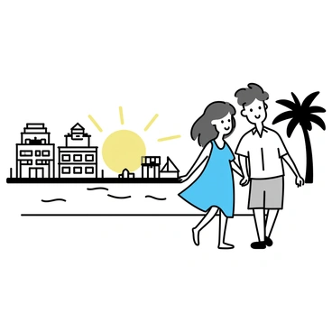 A couple is walking hand in hand along a waterfront lined with Art Deco buildings. The woman, wearing a flowing light blue dress, has long hair that gently waves in the breeze. The man beside her is dressed in a white shirt and khaki shorts, smiling as they stroll. The sun is setting, casting a warm golden light that reflects on the water, creating a shimmering effect. Silhouettes of palm trees frame the scene, enhancing the romantic atmosphere. The couple's shadows stretch out behind them on the path.