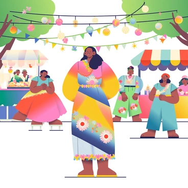 A woman named Sarah with medium skin and long black hair is standing amidst a vibrant cultural festival. She is wearing a colorful dress adorned with floral patterns. Candles and lanterns in a variety of bright colors hang from the trees overhead, creating a festive atmosphere. Around her are people engaging in traditional dances, their clothing reflecting various cultural styles. Colorful banners and garlands of flowers add to the lively decorations. In the background, food stalls are serving delicious dishes, with people enjoying their meals at small tables.