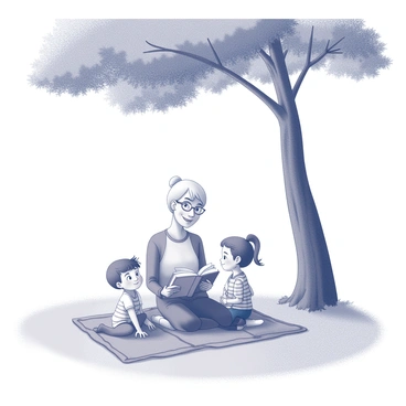 A grandparent sitting comfortably on a picnic blanket with an open storybook held in their hands. The grandparent has silver hair and is wearing glasses, while sitting with a soft smile. Surrounding them are two grandchildren, one girl and one boy, both eagerly leaning in to listen. The boy has short hair and is wearing a striped shirt, while the girl has long hair held back in a ponytail and is dressed in a playful dress. They are seated on the grass, with a large, leafy tree providing shade above, its branches extending outward, creating a cozy atmosphere for storytelling.