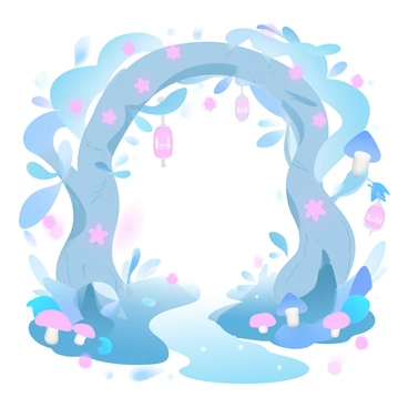 An enchanted forest filled with whimsical trees that have twisting trunks and oversized, spiraled leaves. The trees are adorned with vibrant flowers and hanging lanterns that glow softly. Small, fantastical creatures such as fairies with delicate wings and gnomes with tall pointed hats are scattered throughout the scene, interacting playfully among the foliage. Various mushrooms with unusual shapes and colors dot the forest floor. A sparkling stream winds through the landscape, reflecting the colors of the surroundings. A large archway made of intertwined branches serves as a focal point, leading deeper into the magical woods.
