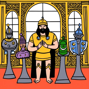 Gilgamesh in a golden armory, choosing majestic armor for his battles.