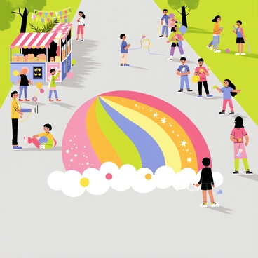 A colorful slinga chalk drawing on a sunny sidewalk during a street festival