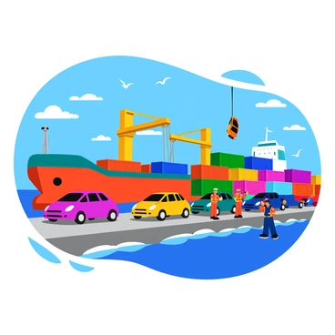 A busy loading dock filled with activity. Several vehicles, including cars in various colors, are lined up to be loaded onto a large freight ship. Workers dressed in safety vests are seen directing the loading process, while a large crane is positioned above, lifting a car into the air. The dock is surrounded by stacks of shipping containers in bright colors. Seagulls can be seen flying overhead against a clear blue sky. The ship, painted in bold colors, is docked at the pier with its ramp extended for loading.
