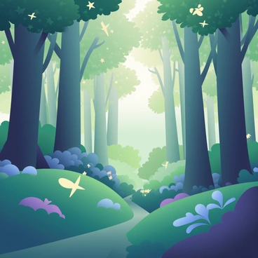 A dense forest filled with tall trees is bathed in soft, dappled sunlight filtering through the leaves. Among the trees, there are glowing "star spren" floating gently, their ethereal forms illuminating the surrounding area. The ground is covered in a thick layer of green moss, and small, delicate flowers in shades of blue and purple peek through the underbrush. In the distance, a narrow path winds through the forest, inviting exploration. The atmosphere is tranquil, with the soft sounds of rustling leaves and the occasional bird call in the background.