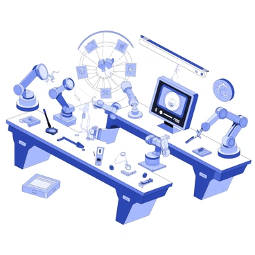 A futuristic robotics lab is filled with advanced machinery and technology. Multiple robotic arms are arranged on a large workbench, each equipped with a different set of tools and attachments. Some arms are engaged in delicate tasks, while others are in an idle position. Various gadgets and devices are scattered across the lab, including circular screens displaying data and holographic projections of robotic schematics hovering in the air. A central computer station features a large monitor with intricate graphics and a control panel filled with buttons and switches. The lab is illuminated by overhead LED lights that create a bright working atmosphere.