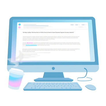 A computer screen displays an open email application. The email contains a detailed message addressed to a support agent, with text outlining various issues and requests for assistance. The background of the screen includes a desktop wallpaper with gradient pastel colors. A keyboard is visible in front of the computer, and a cup of coffee rests beside it on the desk.