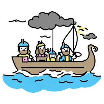 A cartoon viking ship with a dragon-shaped prow cutting through stormy seas. The ship is filled with cartoon vikings, each wearing traditional helmets and holding shields. One viking is at the helm with a determined expression, while others are gripping ropes and preparing for the rough waves. Dark clouds loom overhead, and lightning strikes in the background, adding to the intensity of the scene. The sea is depicted with large, choppy waves crashing against the sides of the ship.