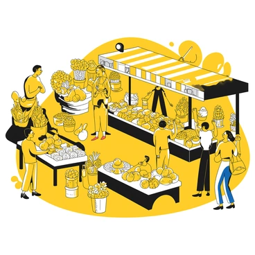 A bustling city market filled with various stalls. Vendors are standing behind colorful tables laden with fresh produce, including fruits and vegetables displayed in vibrant arrangements. There are also stalls overflowing with an assortment of flowers in different shapes and sizes, creating a lively atmosphere. Shoppers are interacting with vendors, examining the goods, and carrying bags filled with purchases. The scene captures the energy of community life with people of all ages enjoying the vibrant offerings of the market.