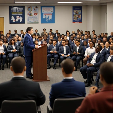 A politician with a short haircut and wearing a navy blue suit stands at a podium. He is engaging with an audience filled with diverse citizens, including men and women of various ages and ethnic backgrounds, some taking notes and others raising their hands to ask questions. The room is filled with chairs arranged in rows, and there are banners on the walls displaying local community events. The atmosphere is energetic, with a spotlight on the politician as he listens intently to a questioner standing in the aisle.