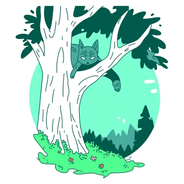 A teal protective spirit with glowing eyes is perched silently among the branches of a large white oak tree. The spirit has elongated, wispy features that blend seamlessly with the surrounding leaves. Below, a vibrant green forest floor is visible, dotted with colorful flowers and small creatures moving about. Soft beams of sunlight filter through the tree canopy, highlighting the spirit's presence. The atmosphere is serene, as the spirit remains vigilant, observing the forest from its hidden vantage point.