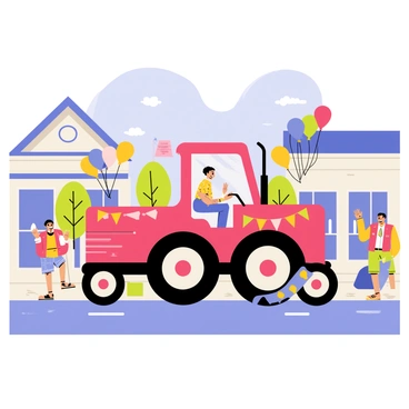 A bright red tractor is driving down the main street of a small town. Colorful balloons and banners are tied to the tractor, creating a festive atmosphere. The street is lined with cheerful townsfolk waving and clapping, some holding flags. In the background, small buildings with charming storefronts frame the scene, while children are seen running alongside the tractor, excited to be part of the parade. A blue sky with fluffy white clouds adds to the lively mood.