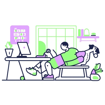 A casual office space features a modern desk with a computer and a plant on top. To the side, there is a small workout corner with a workout bench and dumbbells. An employee is lying on the bench, performing a dumbbell bench press. The employee has short hair and is wearing a comfortable t-shirt and shorts. Behind them, there are shelves filled with books and office supplies, as well as a large window letting in natural light. A motivational poster hangs on the wall, blending seamlessly with the office environment.