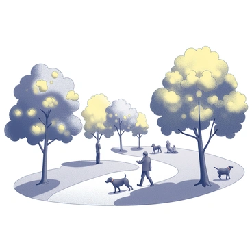 A park setting during autumn, showcasing numerous trees with a variety of leaves. The trees display different shapes and sizes, with their branches heavily laden with leaves. Some of the leaves are depicted in shades of yellow, creating a striking contrast. People are walking along a winding path, each accompanied by dogs of various breeds. The dogs are shown in different poses, some exploring the area while others are sitting or playfully interacting with their owners. The scene conveys an active and vibrant atmosphere in the park.