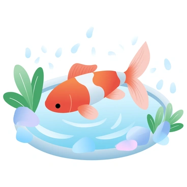 A vibrant koi fish with orange and white patterns is swimming in a clear pond. The water is gently rippling as raindrops fall, creating small splashes that disturb the surface. Surrounding the pond are lush green plants and soft rocks, adding texture to the scene. The atmosphere is tranquil as the gentle rain continues to fall, creating a serene environment for the koi fish.