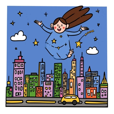 A girl named Meg with light skin and long flowing brown hair is soaring through the night sky above a vibrant city skyline. She is wearing a blue dress adorned with stars and glows softly as she flies. Below her, the city is alive with activity; tall buildings with colorful lights illuminate the streets, and tiny cars can be seen moving along the roads. The sky is filled with twinkling stars, and a few fluffy clouds drift by as Meg smiles with excitement while gliding effortlessly over the bustling cityscape.