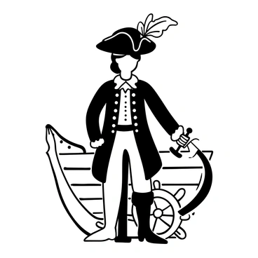 A pirate swashbuckler costume displayed on a mannequin. The outfit includes a long coat with a ruffled collar, a waistcoat underneath, and breeches. A large, elaborate "tricorn hat" sits prominently on top, adorned with a feather. A "cutlass" is placed at the side, with a curved blade and an ornate hilt. The background features a wooden ship wheel and ropes, enhancing the nautical theme.