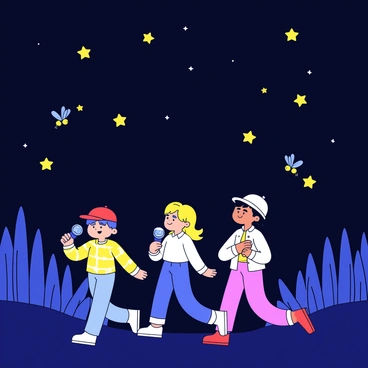 A group of three children is wandering through a dark landscape illuminated by glowing stars in the night sky. Each child has a unique appearance, with one wearing a red cap and another holding a blue flashlight. Friendly fireflies are buzzing around, casting a soft yellow light that guides their path. The children are shown with curious expressions as they look up at the twinkling stars, surrounded by tall grass that sways gently in the breeze.