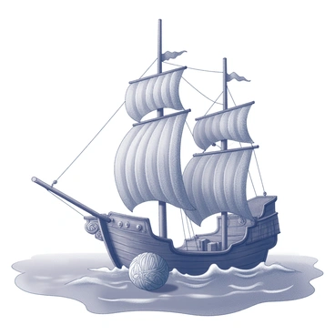 A pirate ship sailing on the sea. The ship has a prominent figurehead and a wooden hull with intricate carvings. Its sails are knitted from a large ball of yarn, showcasing a textured pattern. The waves of the sea are gently lapping against the ship's sides. In the background, the horizon meets the sky, enhancing the vastness of the ocean. The scene captures the adventurous spirit of piracy.