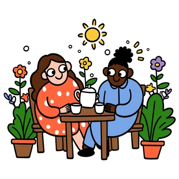 A couple sitting at a small wooden table in a sunlit garden, sharing a pot of tea. The light-skinned woman has big eyes and long wavy brown hair, wearing a flowery dress. The dark-skinned man has big eyes and short curly hair, wearing a light blue shirt. A white teapot sits on the table alongside two matching cups. The garden is filled with colorful flowers and lush green plants, creating a vibrant atmosphere. The couple is smiling at each other, conveying a sense of joy and tranquility in their peaceful afternoon.