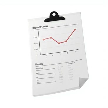 A hospital chart displayed on a clipboard with a white background. The chart features a line graph that tracks a patient's recovery progress over a series of days, represented by horizontal x-axis labels indicating the days of the week. The vertical y-axis indicates the recovery metrics with clear numerical values. The line graph is in a bold color, showing fluctuating progress. Surrounding the graph, there are additional sections detailing patient information, including name, age, and medical history in clean, legible fonts. The chart is neatly organized and gives a clinical feel.