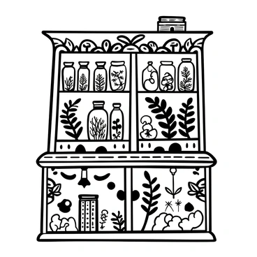A vintage cabinet of curiosities with detailed wooden carvings. Inside, there are rows of glass jars filled with dried ferns and other natural specimens, such as small shells and preserved insects. The cabinet features shelves that display unique artifacts, including an old compass and a stack of aged books. The background is textured with shadows that enhance the intricacy of the cabinet's craftsmanship. Each specimen is meticulously arranged, inviting exploration and fascination.