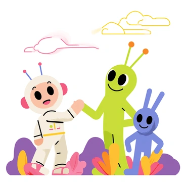 Astro Boy, a small robot boy with a round head and expressive eyes, is shaking hands with two friendly aliens. The first alien is tall and green with big eyes and long antennae, while the second alien is short and blue with a large smile and three ears. They are standing on a colorful landscape with purple rocks and bright orange plants, under a sky filled with swirling pink and yellow clouds. Each character expresses a sense of joy and camaraderie as they greet each other on this vibrant, alien world.