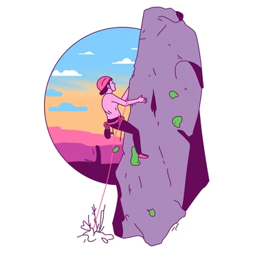 A pink rock climber is ascending a vertical cliff face made of gray stone. The climber is wearing a bright yellow helmet and is using bright green climbing holds embedded in the rock. In the background, the sun is setting, casting a warm orange glow across the sky, which is transitioning from blue to orange as the day ends. The climber's rope is securely anchored above, and there are some sparse shrubs at the base of the cliff.