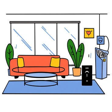A smart speaker with a sleek design is placed on a modern coffee table in a futuristic living room. The speaker has a glowing display showing an "alarm" icon. The living room features minimalistic furniture, such as a low-profile couch and a round glass coffee table. Large windows allow natural light to stream in, illuminating the space. A couple of abstract decorations and potted plants add touches of color and life to the room. The walls are adorned with subtle, high-tech patterns, enhancing the futuristic ambiance.