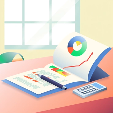 A financial portfolio is open on a wooden table, displaying colorful graphs and charts related to performance metrics. The portfolio features a variety of papers, including a pie chart illustrating asset distribution in vibrant colors like blue, green, and orange. Next to it is a line graph showing liabilities over time with a red line tracking upward. A shiny silver calculator is nearby, and a black pen rests next to the documents. Natural light from a nearby window softly illuminates the scene, enhancing the clear text and visuals on the pages.