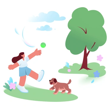 A young girl with long hair is throwing a small, bright-colored ball in a sunny backyard. A small, fluffy puppy is running joyfully toward the ball, its fur appearing soft and textured. The grass in the backyard is lush and green, while a few colorful flowers are blooming nearby. A large tree casts a gentle shade in one corner of the yard, and the sky above is clear and bright, with a few fluffy clouds scattered throughout.
