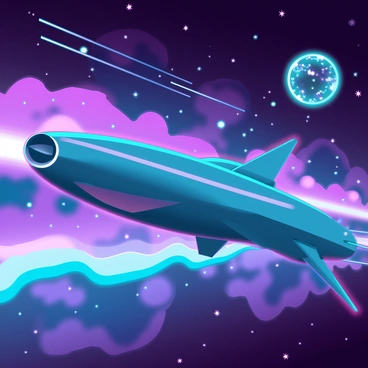 A sleek spaceship with a streamlined design is traveling through a vibrant scene filled with colorful nebulae swirling in shades of purple, blue, and pink. Its surface reflects the brilliant hues of the surrounding cosmic clouds. In the background, distant galaxies with spiral shapes and bright star clusters are visible, twinkling against the dark expanse of space. The spaceship trails a faint glow, leaving a shimmering path as it navigates through this breathtaking celestial landscape.